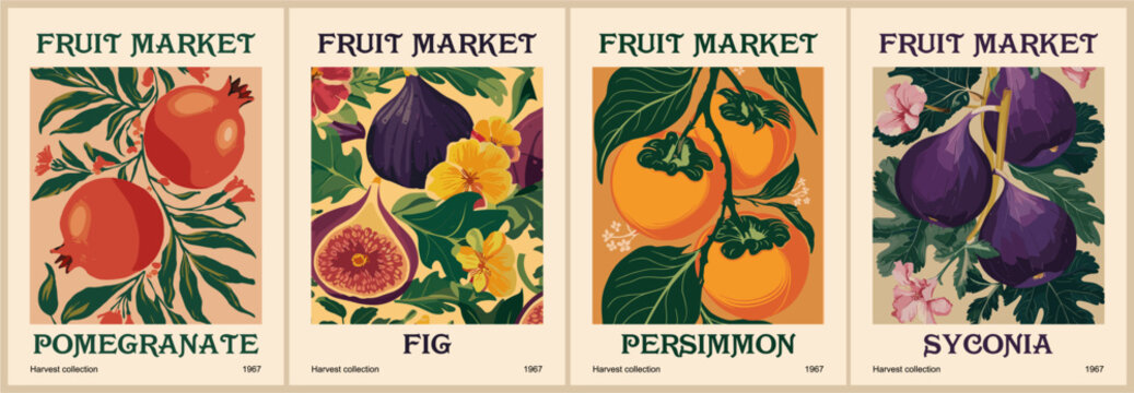 Set of abstract Fruit Market retro posters. Trendy kitchen gallery wall art with persimmon, fig, pomegranate. Modern naive groovy interior paintings. Vector art illustration.