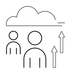 Two minimalist human figures below a cloud with upward arrows symbolizing progress, connectivity, and innovation. Ideal for cloud computing, team collaboration, technology growth, data sharing, goals