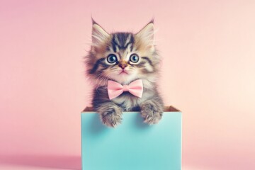 adorable kitten with pink bowtie peeking from turquoise box against pastel pink background. cute pet for valentine's day, birthday greeting card, or playful poster