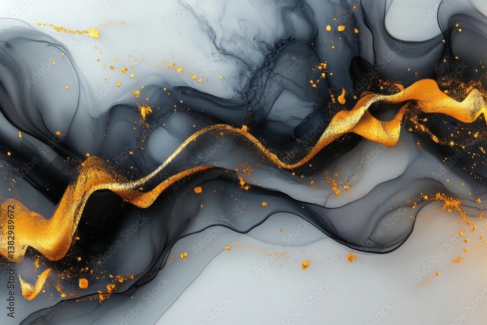 Poster abstract ink painting in black and gray with gold accents creating a luxurious and elegant visual te
