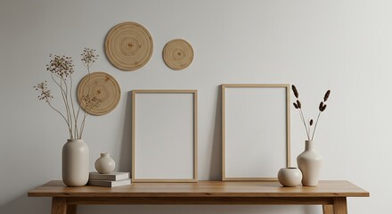 Aesthetic boho-style interior with blank picture frames, woven wall decor, and natural elements.