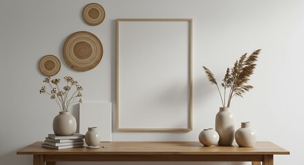Bohemian-inspired modern decor with blank picture frame, ceramic vases, and woven wall elements.