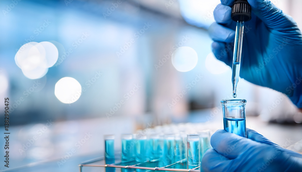 Poster a gloved hand using a pipette to transfer blue liquid into a test tube, set against a softly lit lab
