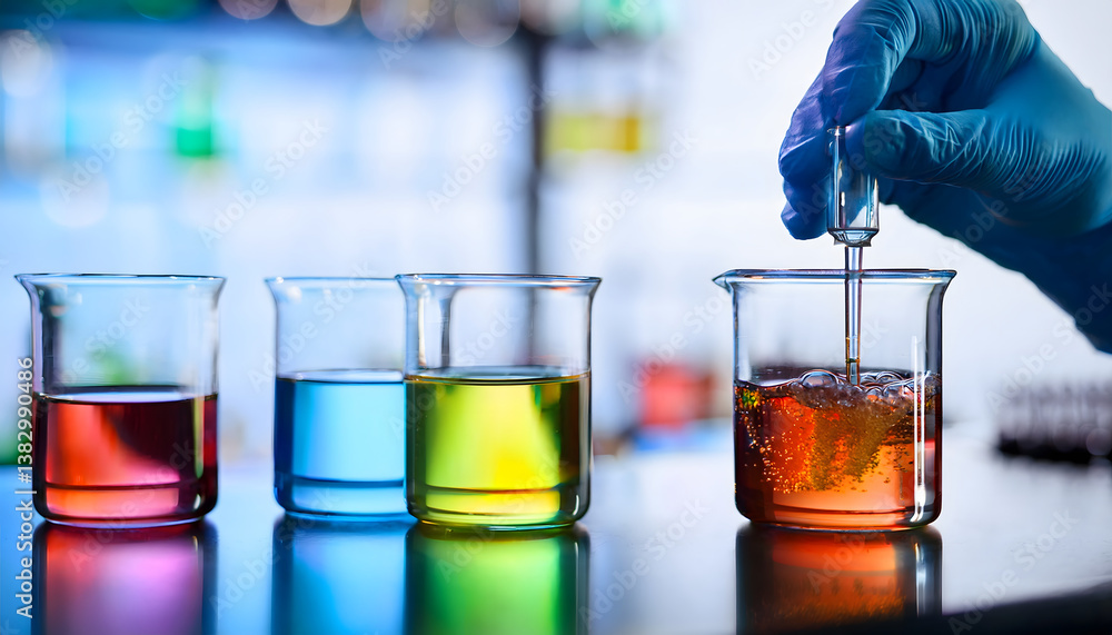 Poster laboratory scene featuring colorful liquids in beakers, with a hand holding a pipette for experiment