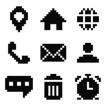 Black Pixel Art Icons Set Featuring Communication, Navigation, and Utility Symbols in a Retro Style