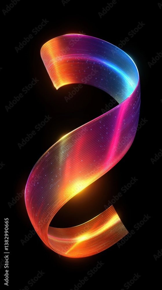 Poster luminous ribbon in vibrant hues against a stark black backdrop creating a mesmerizing abstract desig