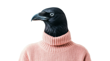 Raven head in pink turtleneck sweater, surrealism, cut out transparent