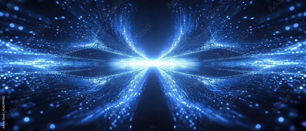 Poster captivating digital art of glowing blue particles creating an abstract tunnel with a bright light so