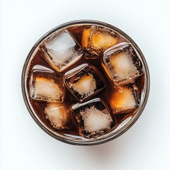 iced americano with big ice cubes in a glass, seen from above, white background 