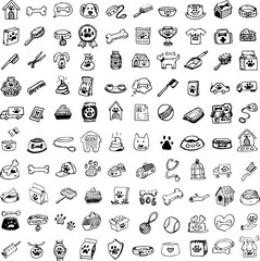 Hand drawn doodle Pets stuff and supply icons set. Vector illustration. Vet symbol collection Cartoon dogs and cats care elements: kennel, leash, food, paw, bowl, bone and other goods for pet shop