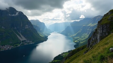 Fototapeta premium Majestic Sognefjord in Norway at midday, with cloudy weather, seen from a panoramic perspective.