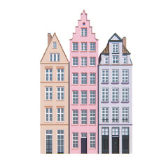 Fototapeta premium Colorful three tall buildings with distinct architectural styles, featuring pastel hues, intricate details, and large windows, on a white isolated background.