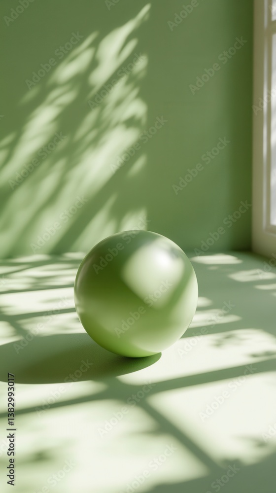 Poster serene green sphere bathed in dappled sunlight casting leaf shadows against a minimalist backdrop cr