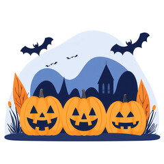 Fototapeta premium A festive Halloween scene featuring three carved pumpkins, bats flying, and a backdrop of hills and a dark castle silhouette, showcasing autumn leaves and a spooky atmosphere.