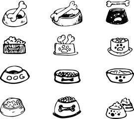 Hand Drawn vector illustration set of bowls of dog food sign and symbol doodles elements. Isolated on white background