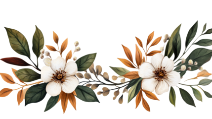 White flowers with greenery, elegant floral ornament, cut out transparent