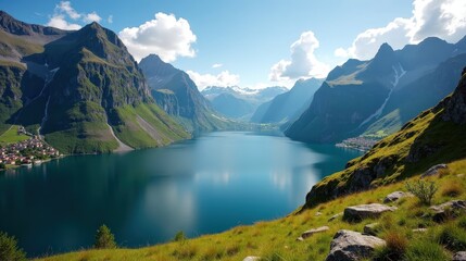 Beautiful scene in Norway during mid-day, with sunny weather, captured from a panoramic perspective.