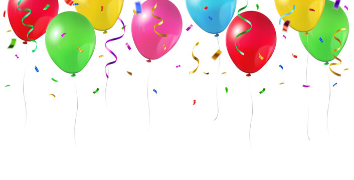 Colorful party balloons, confetti and streamers seamless pattern decorative border isolated on transparent background	
