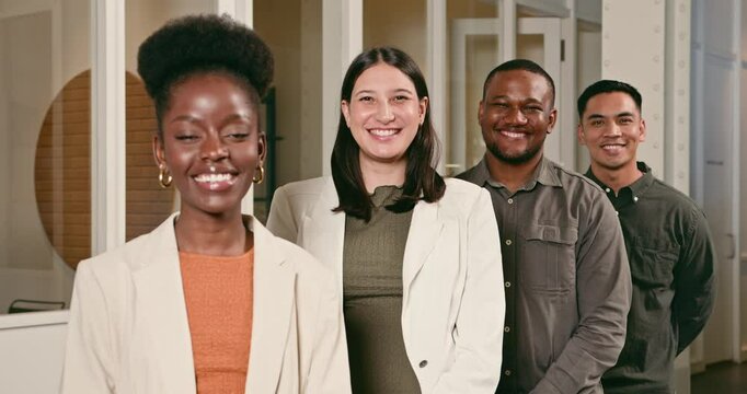 Diverse Business Team Smiling Confidently in a Modern Office: Teamwork, Success, and Collaboration in a Thriving Startup
