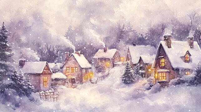 Snowy village watercolor painting capturing cozy houses nestled in a winter landscape