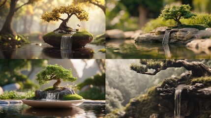 Naklejka premium Four digital art scenes of miniature bonsai trees with waterfalls.