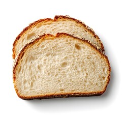 Two slices of fresh, crusty white bread are presented against a bright white background showcasing their soft crumb and slightly golden crust texture ideal for food photography.