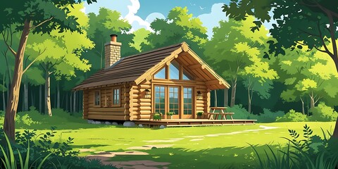 Wooden log house in summer forest. Vector cartoon illustration of mountain glamping chalet, camp hut, rural cottage with patio, windows and chimney on roof, green trees and grass, nature recreation 