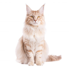 Obraz premium A majestic feline with fluffy fur, showcasing elegant posture and piercing eyes, sitting against a clean white background for a striking effect.