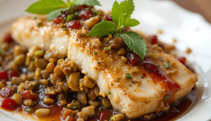 "Mediterranean-style sea bass stuffed with crushed pistachios, pomegranate molasses, and fresh mint."
