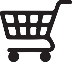 Shopping Cart Icon: A simple yet effective black and white graphic of a shopping cart, perfect for illustrating online retail, commerce, and consumerism.