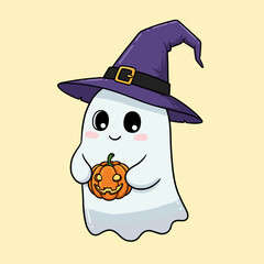 Cute Ghost with Witch Hat and Pumpkin