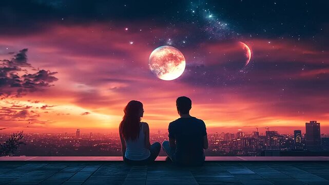 A couple gazes at a surreal sunset with two moons over a city skyline, evoking wonder