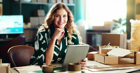 Tablet, portrait and happy woman in creative small business with ecommerce, confidence and...