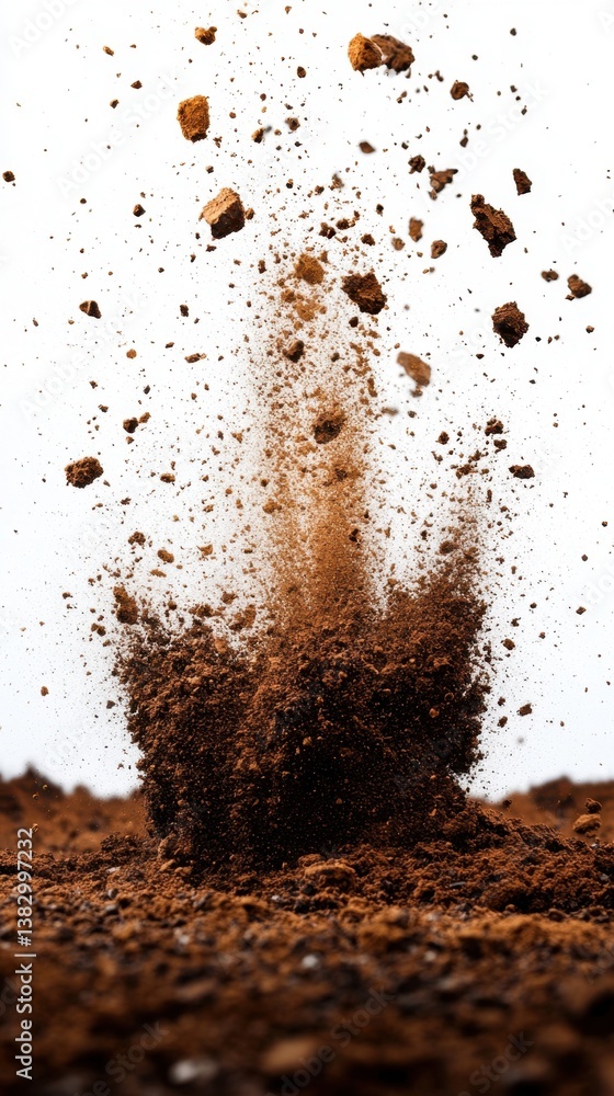 Aufkleber dynamic explosion of rich brown soil against a clean white background showcasing texture and movemen