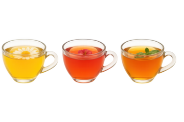 Set of three glass cups of herbal tea isolated on transparent background: chamomile with flower, hibiscus with petal, mint with leaves. Concept of natural wellness, healthy drinks, herbal infusions