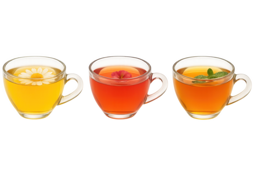 Set of three glass cups of herbal tea isolated on transparent background: chamomile with flower, hibiscus with petal, mint with leaves. Concept of natural wellness, healthy drinks, herbal infusions - Powered by Adobe