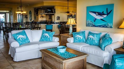 The interior view of a coastal living room with couches and a painting