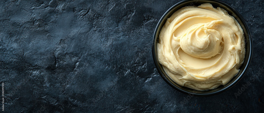 Poster creamy smooth vanilla pudding in a black bowl against a dark textured background creating a tempting