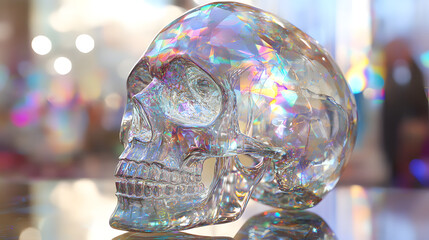 A highly detailed crystal skull with fractal patterns and holographic reflections, set against a digital glitch backdrop