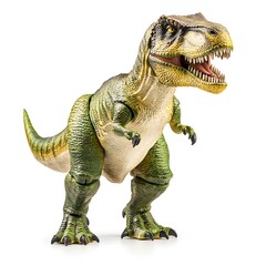 Fototapeta premium A detailed close-up studio shot shows a realistic green and yellow Tyrannosaurus Rex dinosaur toy model posed against a pure white background.