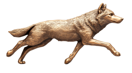 Bronze wolf sculpture running, detailed statue isolated, cut out transparent