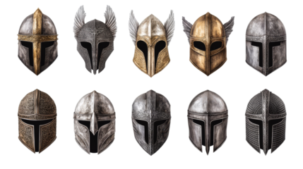 Collection of ten medieval helmets, different designs, armor, cut out transparent