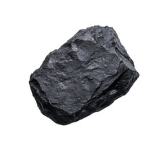 Obraz premium A natural black rock with rugged texture and earthy tones, isolated on a white background, ideal for illustrating geological formations and natural resources.