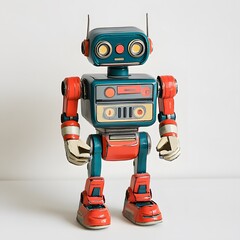 A vintage retro robot toy stands against a plain white background showcasing its teal red and cream colored metallic body and design details.