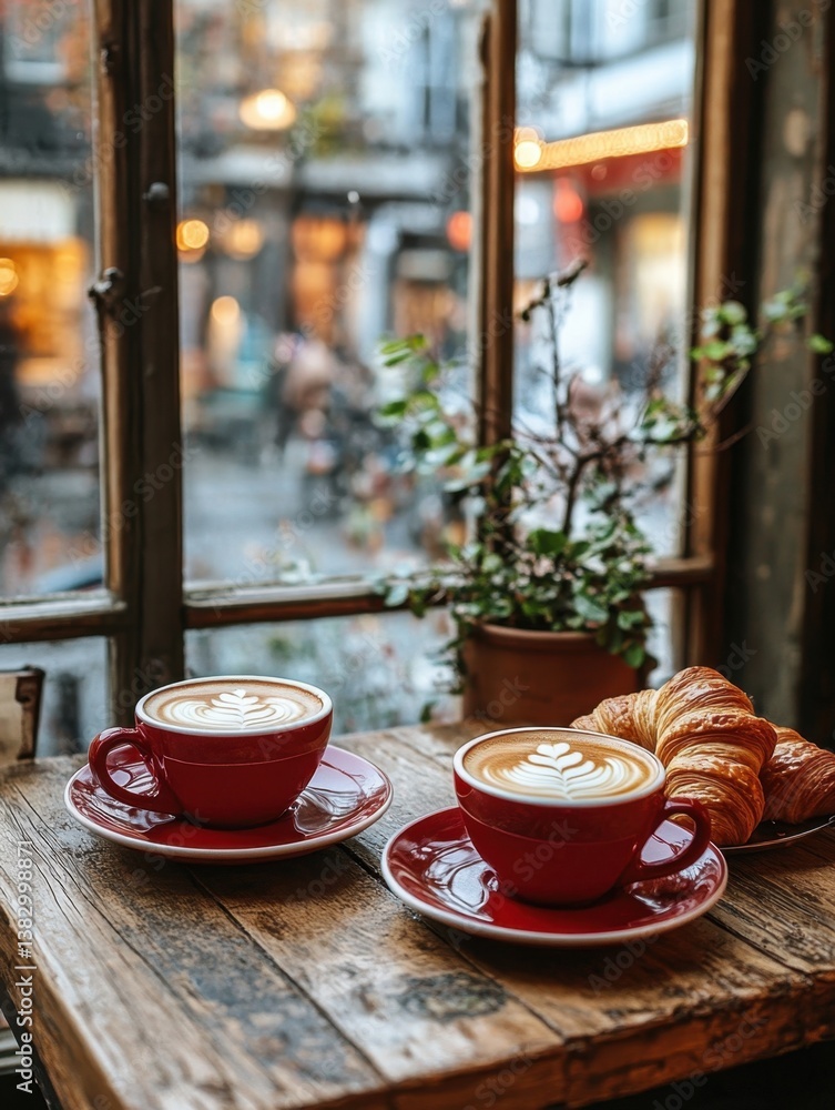 Poster cozy cafe scene with latte art and croissants by the window capturing warmth and comfort in a rustic