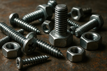 Metal Screws and Nuts on Rusty Industrial Surface

