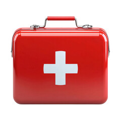 Obraz premium Red first aid kit with a white cross symbol, designed for emergency situations, featuring a sturdy handle and a glossy finish, isolated on a white background.