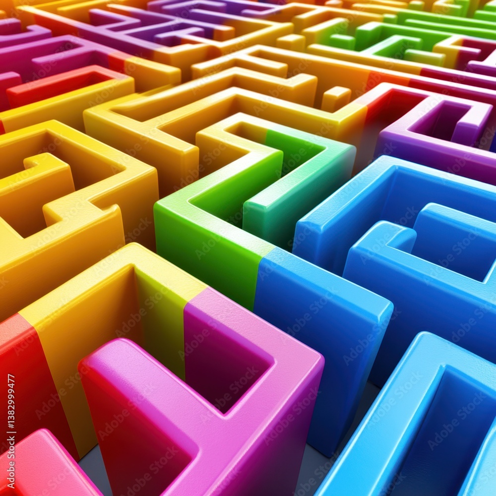 Poster colorful maze structure with vibrant hues creating a complex and intriguing pattern from a high angl