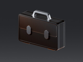 3D icon of a classic business briefcase, representing business, finance, and professional activities. Realistic metal texture, isolated on dark background.