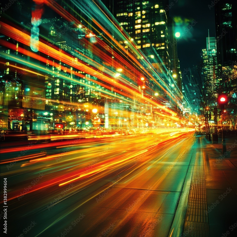 Poster dynamic urban cityscape at night with vibrant light trails and modern architecture creating a captiv
